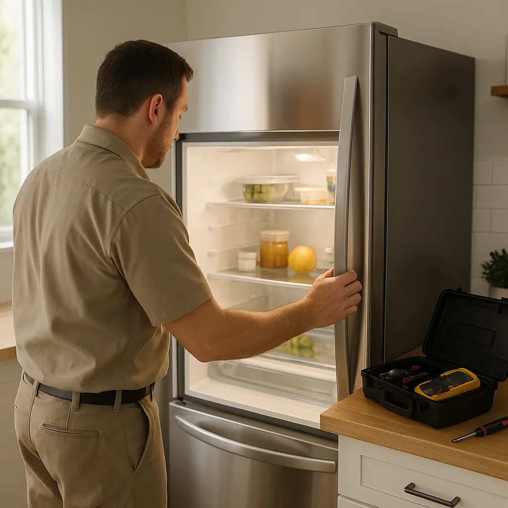 Techniker prüft Kühlschrank in Wiener Wohnung